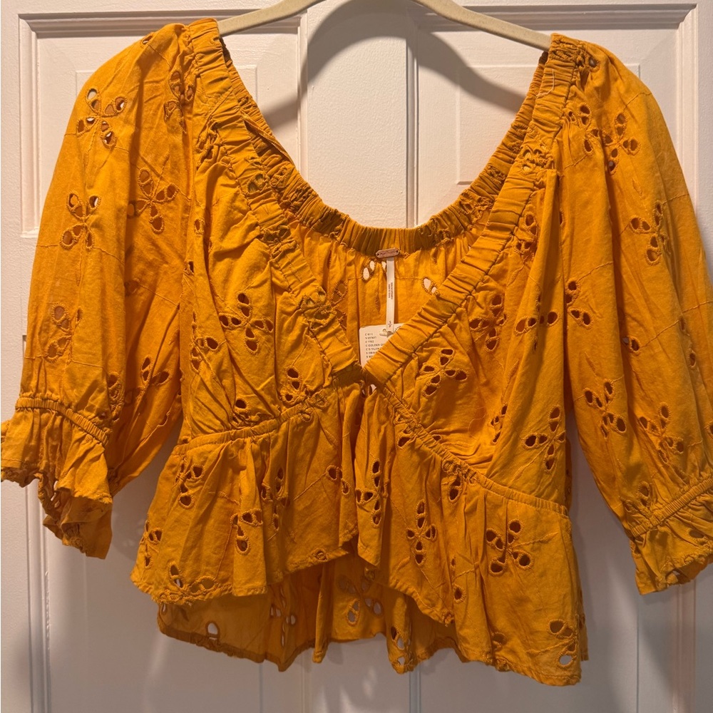 Free People Yellow Puff Sleeve Ruffled Blouse